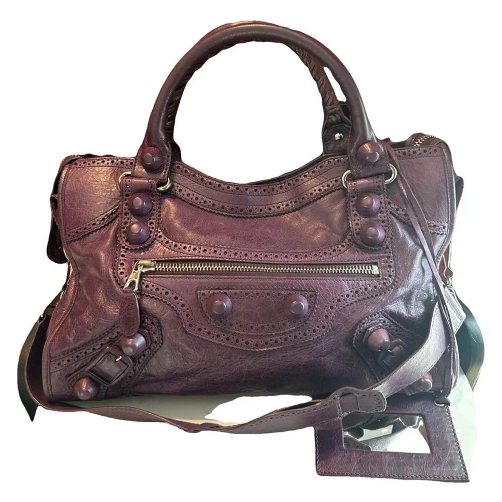 Balenciaga Agneau Giant Brogues Hardware City bag in purple lambskin leather.